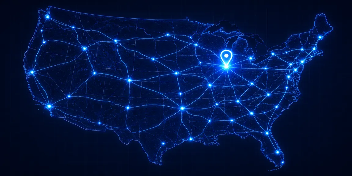 United States dispatch coverage map with routes and location pin